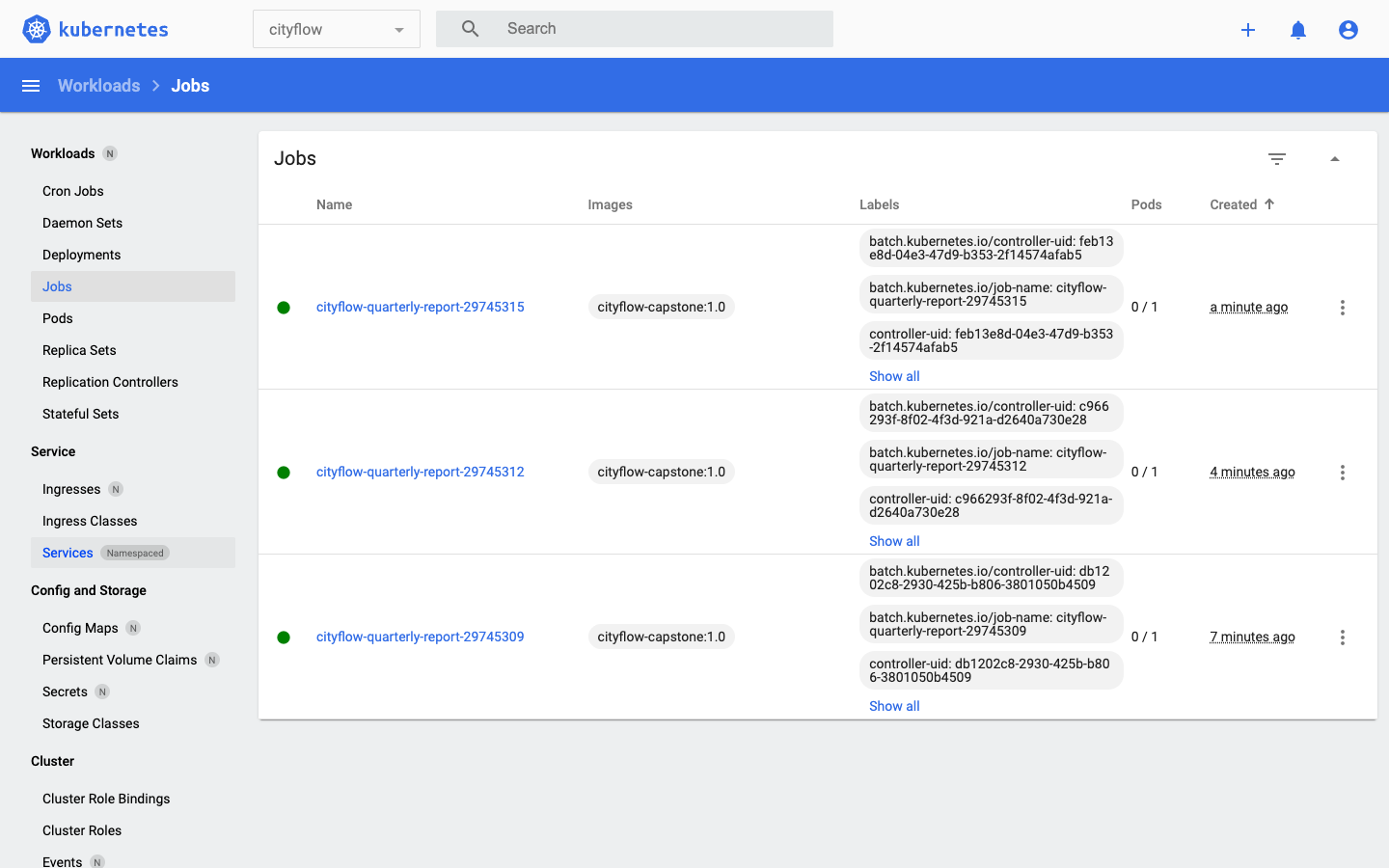 Screenshot of the Kubernetes Dashboard Jobs page, scoped to the cityflow namespace, showing exactly three jobs named cityflow-quarterly-report-29745315, cityflow-quarterly-report-29745312, and cityflow-quarterly-report-29745309, all using image cityflow-capstone:1.0, created a minute ago, four minutes ago, and seven minutes ago respectively.