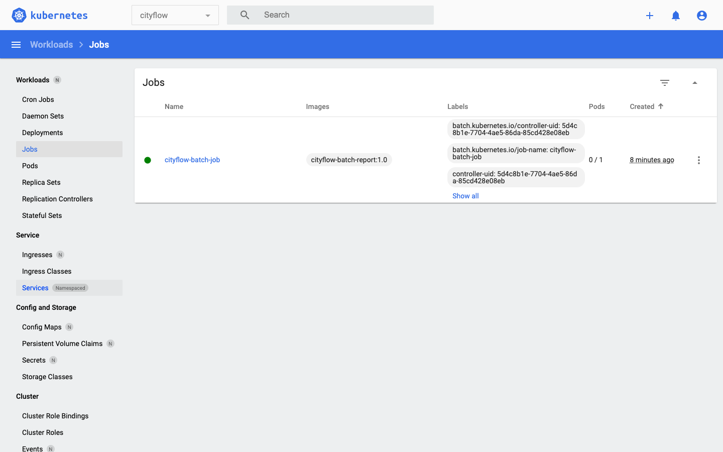 Screenshot of the Kubernetes Dashboard Jobs page, scoped to the cityflow namespace, showing one job named cityflow-batch-job, image cityflow-batch-report:1.0, 0 of 1 pods active, created 8 minutes ago.