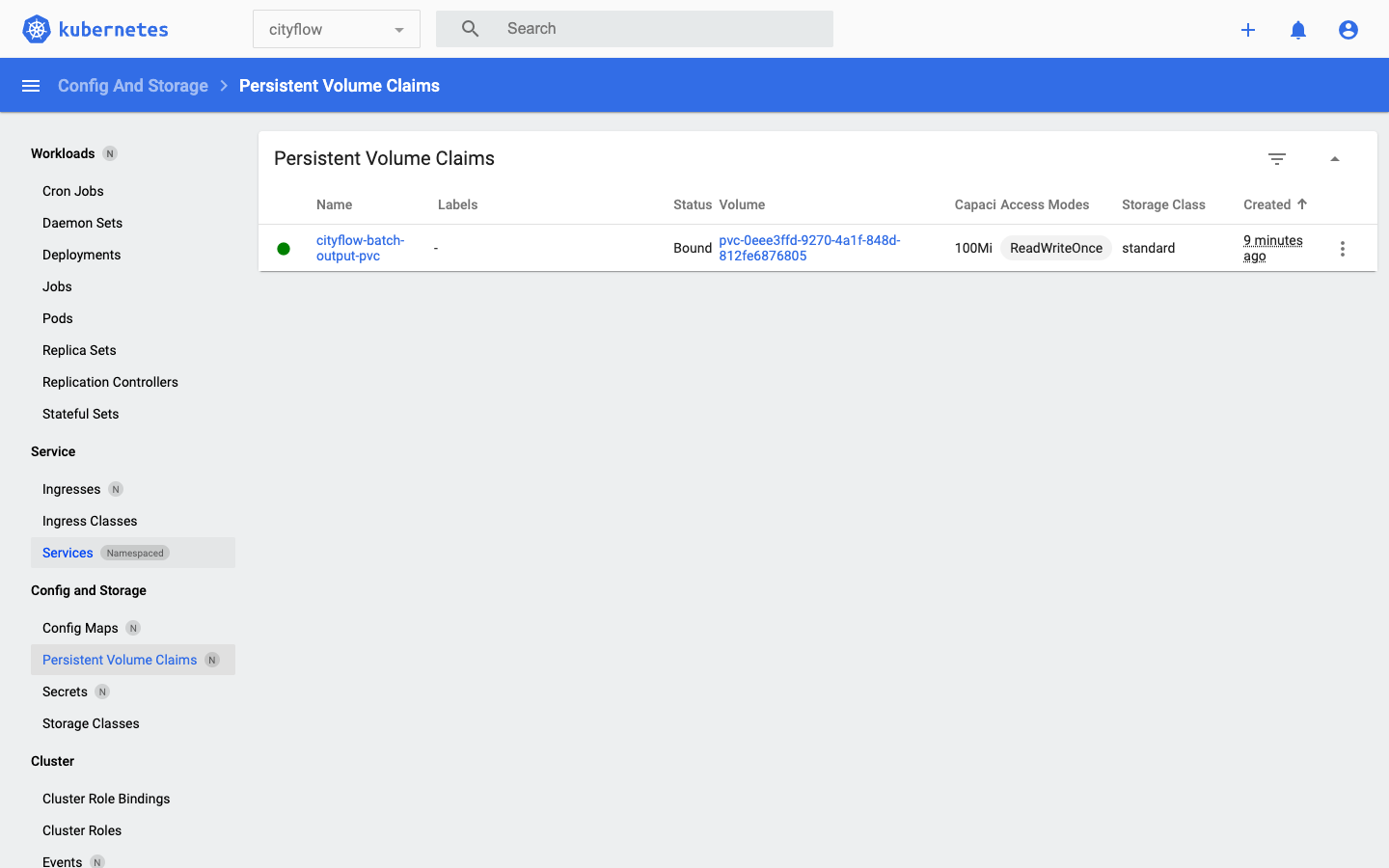 Screenshot of the Kubernetes Dashboard Persistent Volume Claims page, scoped to the cityflow namespace, showing one claim named cityflow-batch-output-pvc, status Bound, volume pvc-0eee3ffd-9270-4a1f-848d-812fe6876805, capacity 100Mi, access mode ReadWriteOnce, storage class standard.