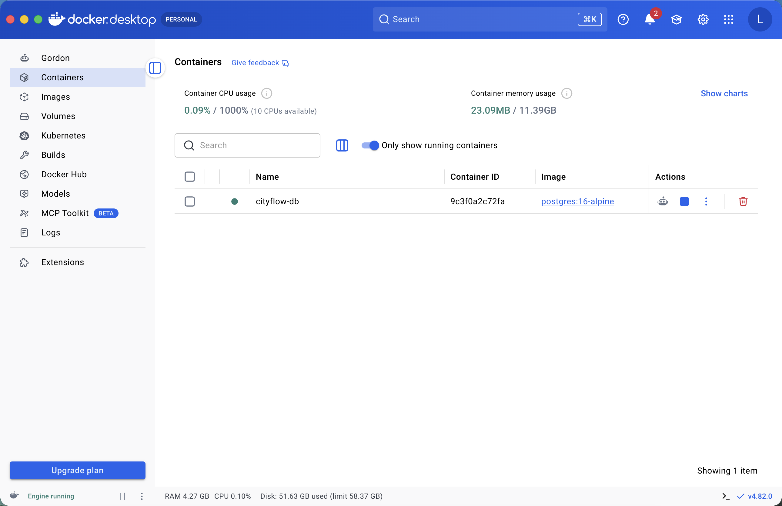A real screenshot of Docker Desktop's Containers page showing exactly one running container named cityflow-db, built from the postgres:16-alpine image, with container ID matching the docker ps output in this lesson.