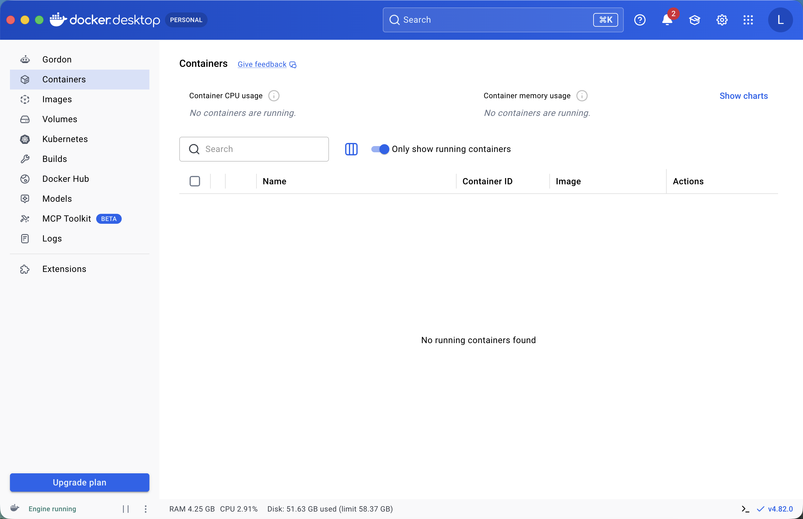 A real screenshot of Docker Desktop's Containers page, showing the Engine running status and version v4.82.0 in the bottom bar, with the message 'No running containers found' because no containers have been started yet.