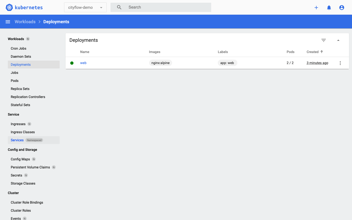 Screenshot of the Kubernetes Dashboard Deployments page, scoped to the cityflow-demo namespace, showing one deployment named web with image nginx:alpine, label app: web, and 2/2 pods, created 3 minutes ago.
