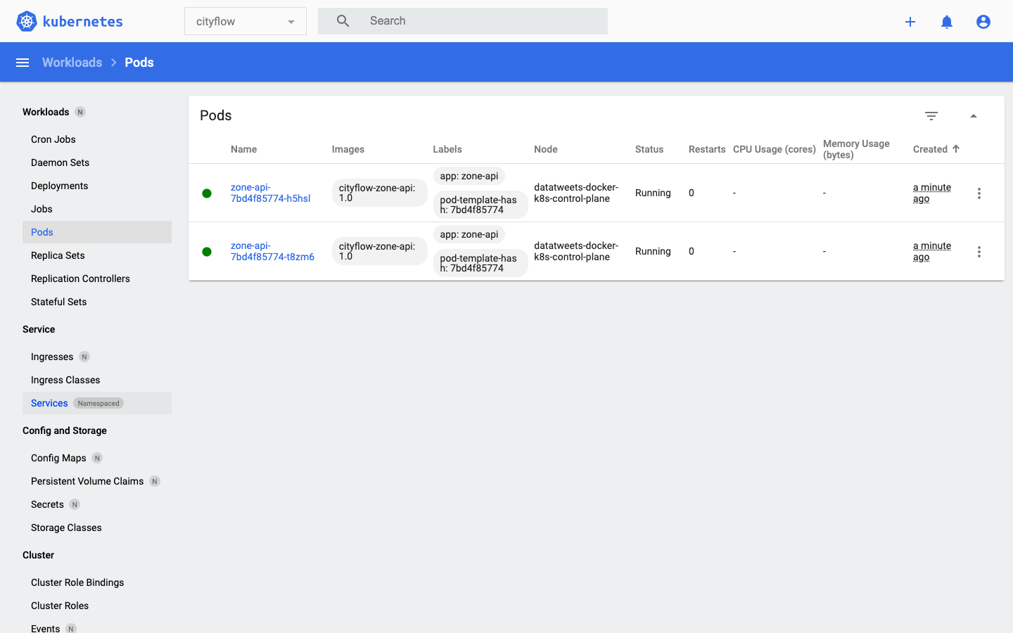 Screenshot of the Kubernetes Dashboard Pods page, scoped to the cityflow namespace, showing two pods, zone-api-7bd4f85774-h5hsl and zone-api-7bd4f85774-t8zm6, both with image cityflow-zone-api:1.0, label app: zone-api, node datatweets-docker-k8s-control-plane, status Running, and 0 restarts.