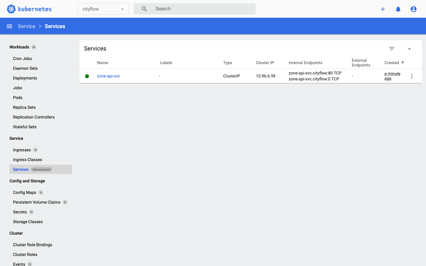 Screenshot of the Kubernetes Dashboard Services page, scoped to the cityflow namespace, showing one service named zone-api-svc, type ClusterIP, cluster IP 10.96.6.59, and internal endpoints zone-api-svc.cityflow:80 TCP and zone-api-svc.cityflow:0 TCP.