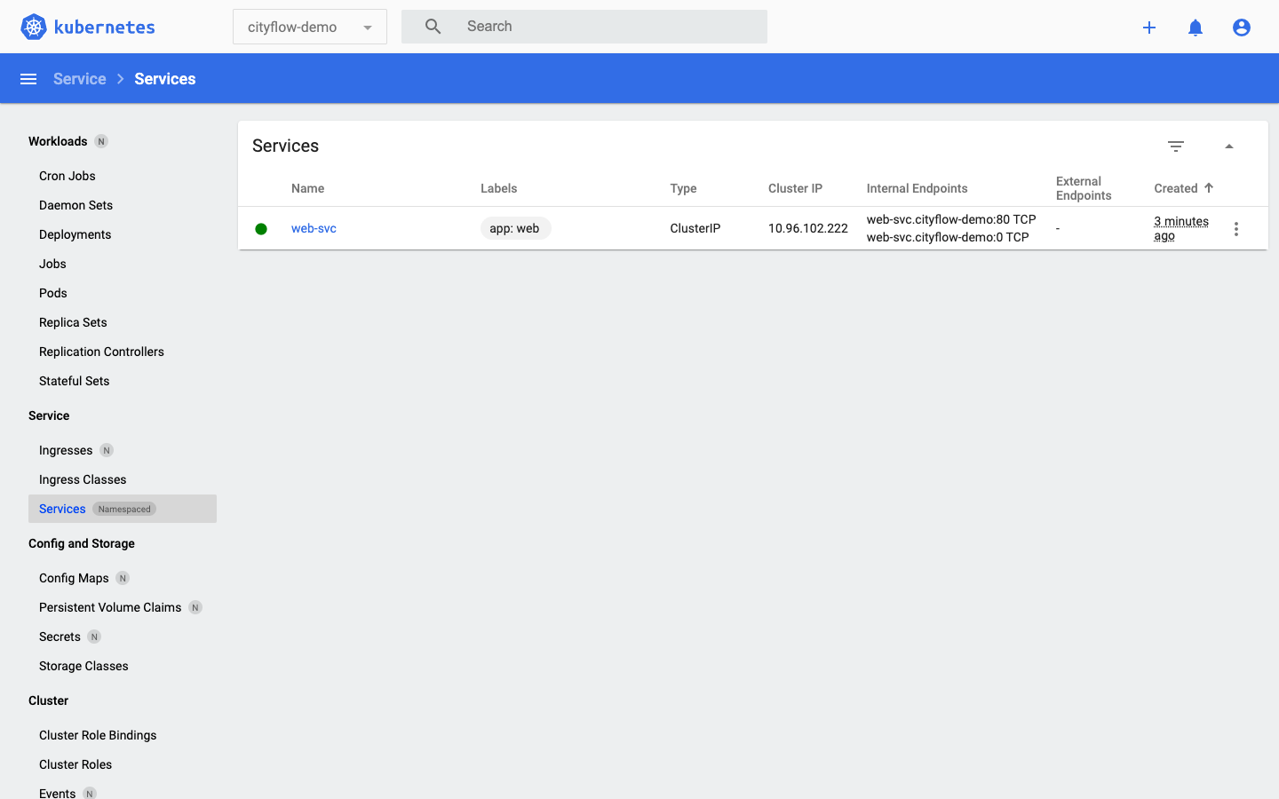Screenshot of the Kubernetes Dashboard Services page, scoped to the cityflow-demo namespace, showing one service named web-svc, type ClusterIP, cluster IP 10.96.102.222, and internal endpoints web-svc.cityflow-demo:80 TCP and web-svc.cityflow-demo:0 TCP.