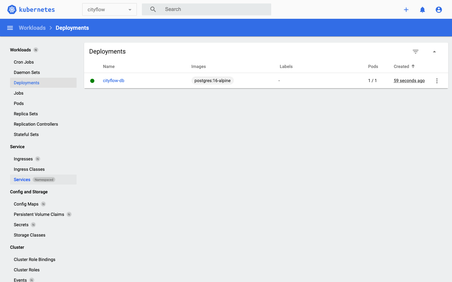Screenshot of the Kubernetes Dashboard Deployments page, scoped to the cityflow namespace, showing one deployment named cityflow-db, image postgres:16-alpine, 1 of 1 pods ready, created 59 seconds ago.
