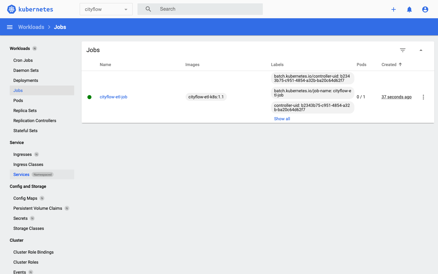 Screenshot of the Kubernetes Dashboard Jobs page, scoped to the cityflow namespace, showing one job named cityflow-etl-job, image cityflow-etl-k8s:1.1, 0 of 1 pods active, created 37 seconds ago.