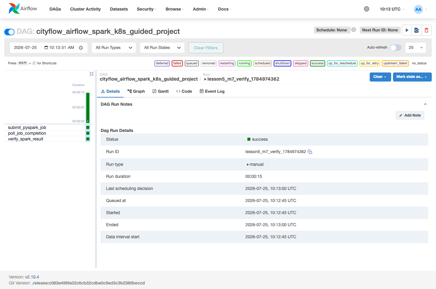Screenshot of the Airflow Grid view for cityflow_airflow_spark_k8s_guided_project, showing three task rows -- submit_pyspark_job, poll_job_completion, verify_spark_result -- all green, Status success, Run duration 00:00:15.