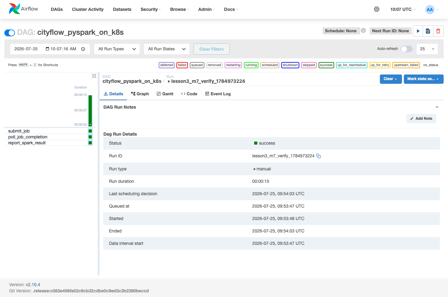 Screenshot of the Airflow Grid view for cityflow_pyspark_on_k8s, run lesson3_m7_verify_1784973224, showing three task rows -- submit_job, poll_job_completion, report_spark_result -- all green, Status success, Run duration 00:00:15.