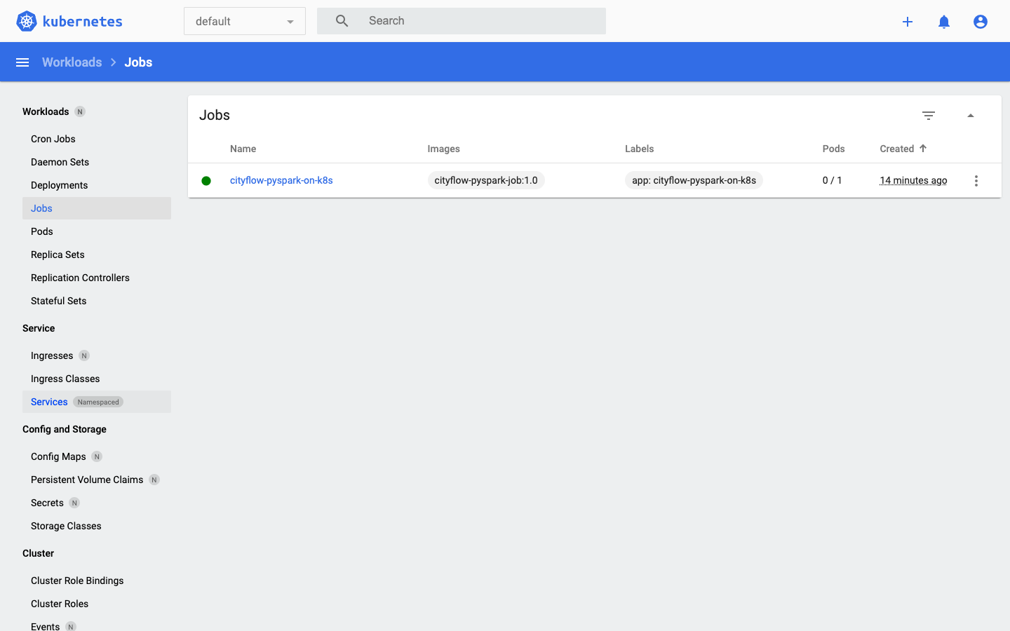 Screenshot of the Kubernetes Dashboard Jobs page, scoped to the default namespace, showing one job named cityflow-pyspark-on-k8s with a green status dot, image cityflow-pyspark-job:1.0, labels app: cityflow-pyspark-on-k8s, 0/1 pods, created 14 minutes ago.