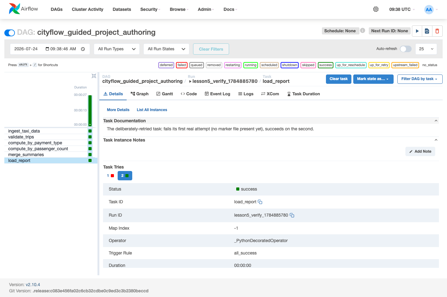 Screenshot of the Airflow task instance detail page for load_report, showing a Task Tries section with two buttons: '1' in red (failed) and '2' in blue/green (selected, success), and a Status field reading success for the selected try.