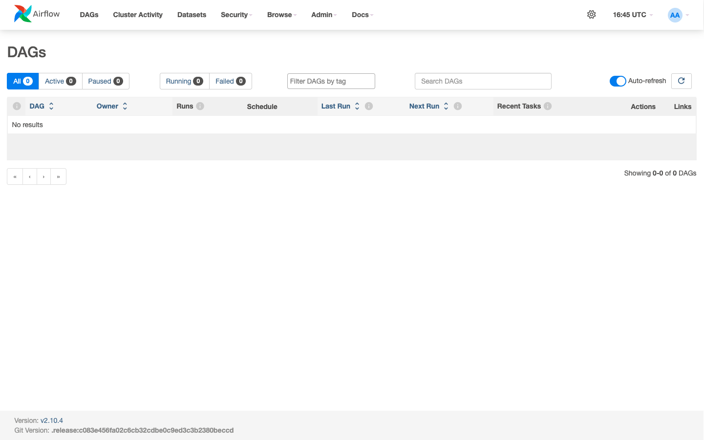 Screenshot of the real Airflow 2.10.4 webserver UI at the DAGs list page, showing zero DAGs: All 0, Active 0, Paused 0, Running 0, Failed 0, and a 'No results' row in the table. Version v2.10.4 shown in the footer.