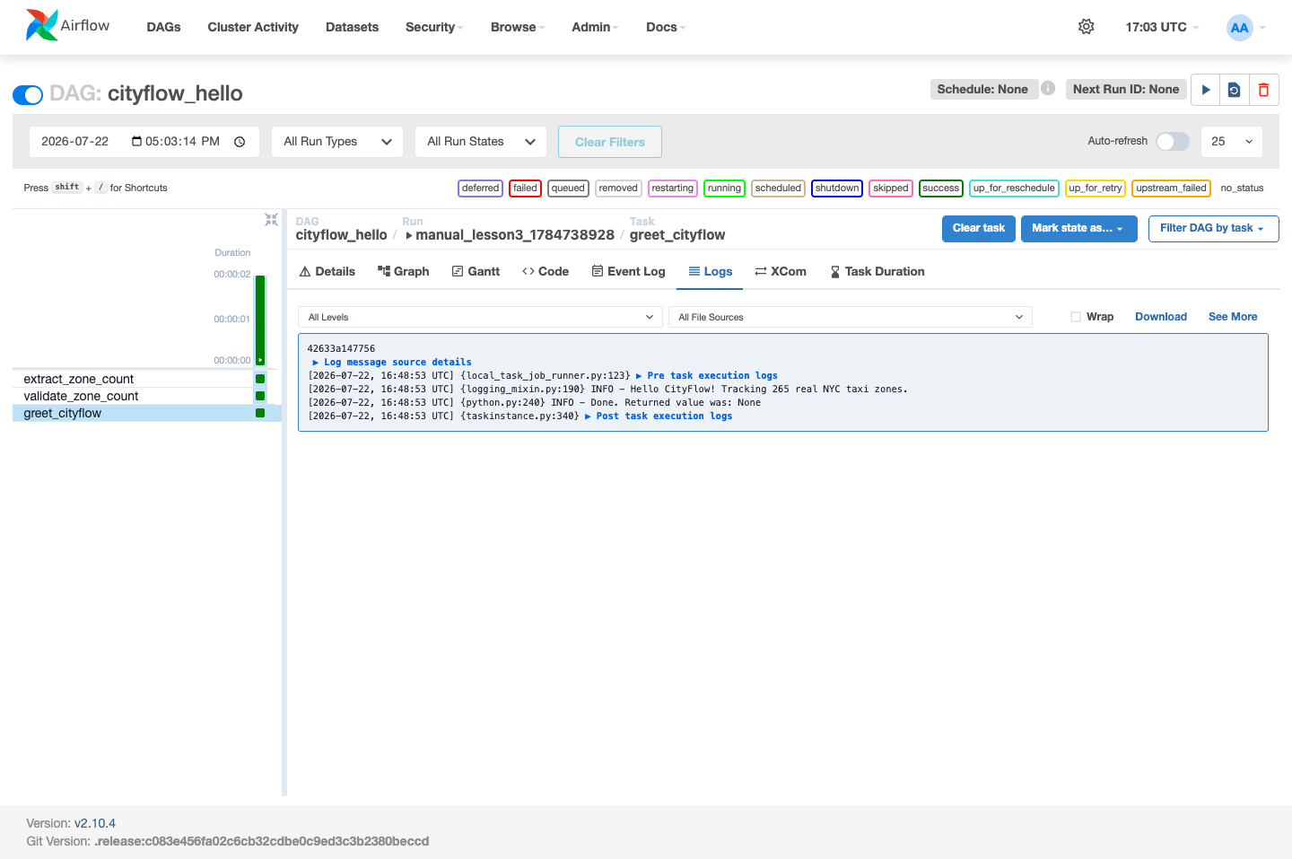Screenshot of the Airflow task log page for greet_cityflow, showing real log lines including 'Hello CityFlow! Tracking 265 real NYC taxi zones.' with an INFO level tag and timestamp, plus pre- and post-task execution log markers.