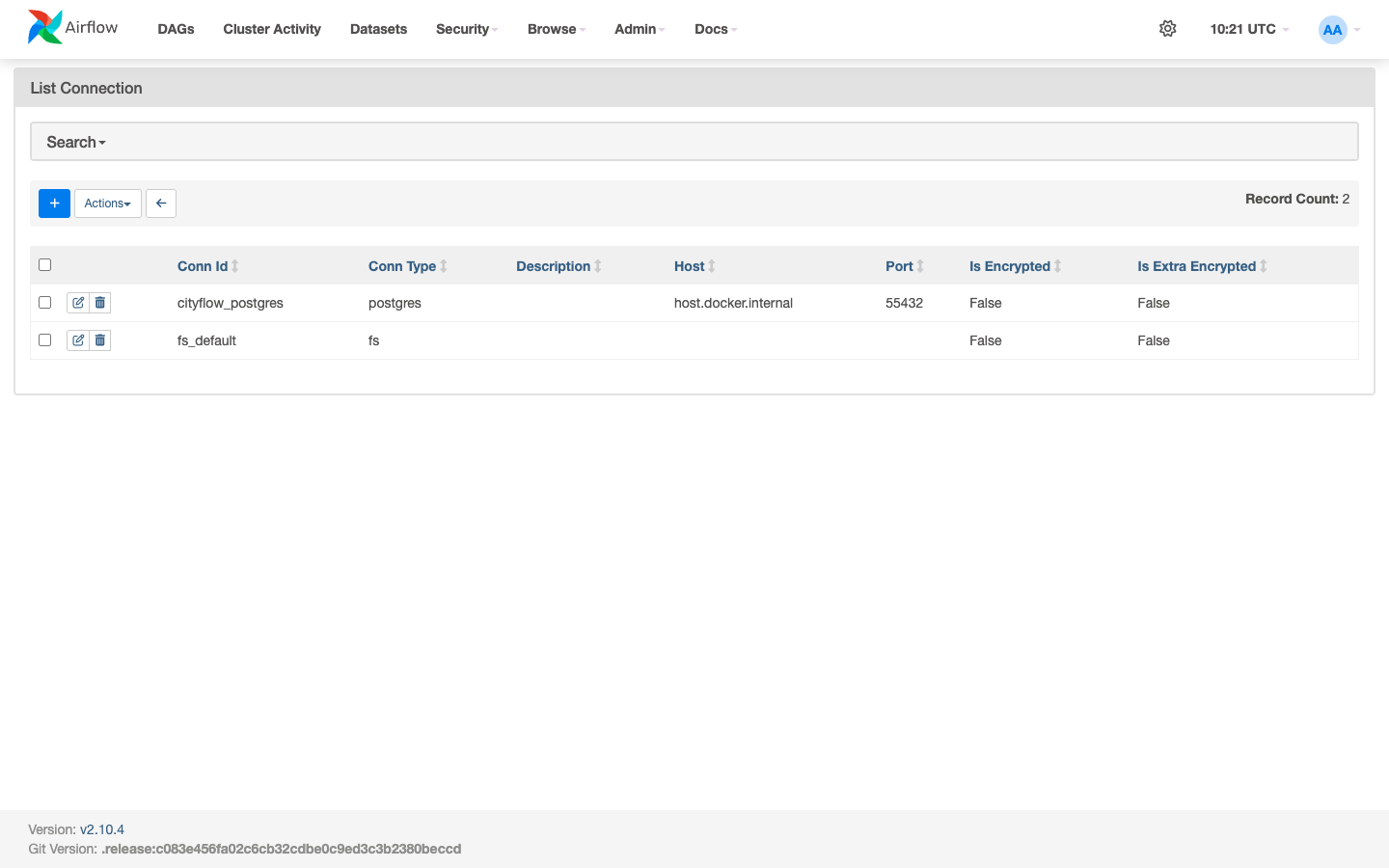 Screenshot of the Airflow Connections list showing two rows: cityflow_postgres (Conn Type postgres, Host host.docker.internal, Port 55432) and fs_default (Conn Type fs), Record Count 2.
