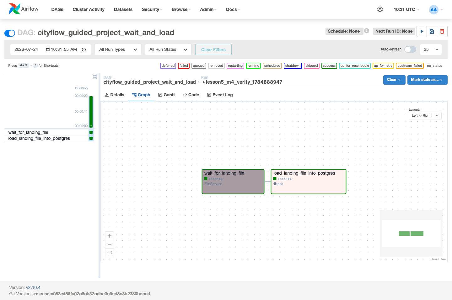 Screenshot of the Airflow Graph view for cityflow_guided_project_wait_and_load, showing two green boxes connected by an arrow: wait_for_landing_file labeled FileSensor, flowing into load_landing_file_into_postgres labeled @task, both showing a success state.