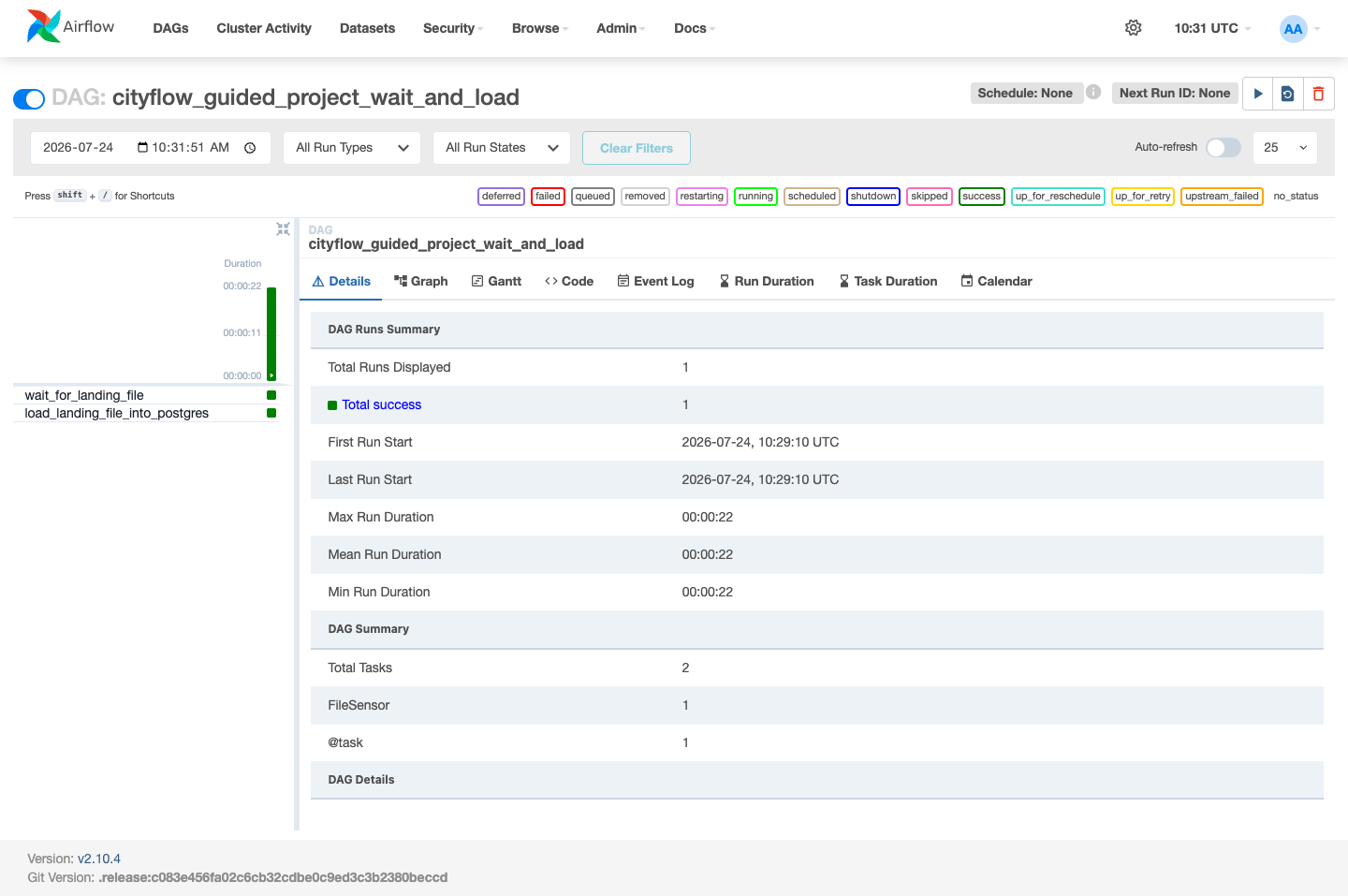 Screenshot of the Airflow Grid view for cityflow_guided_project_wait_and_load, showing two task rows, wait_for_landing_file and load_landing_file_into_postgres, both green, with a Details panel showing Total success 1 out of Total Tasks 2 and Max Run Duration 00:00:22.