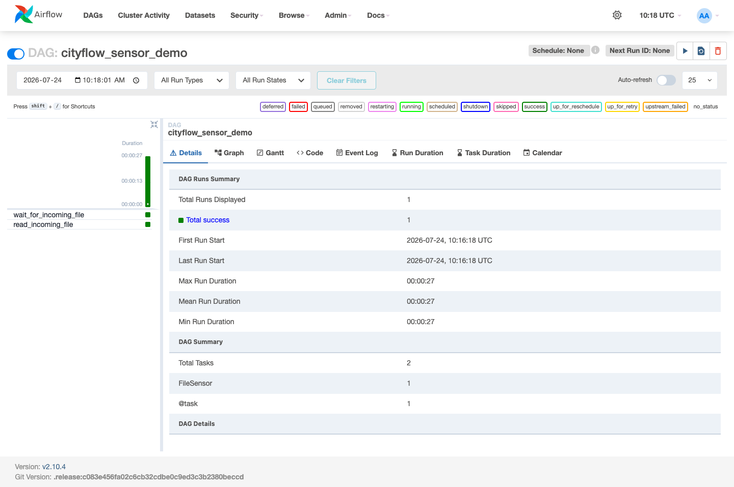 Screenshot of the Airflow Grid view for cityflow_sensor_demo, showing two task rows, wait_for_incoming_file and read_incoming_file, both green with a success state, and a Details panel showing Total success 1 out of Total Tasks 2.