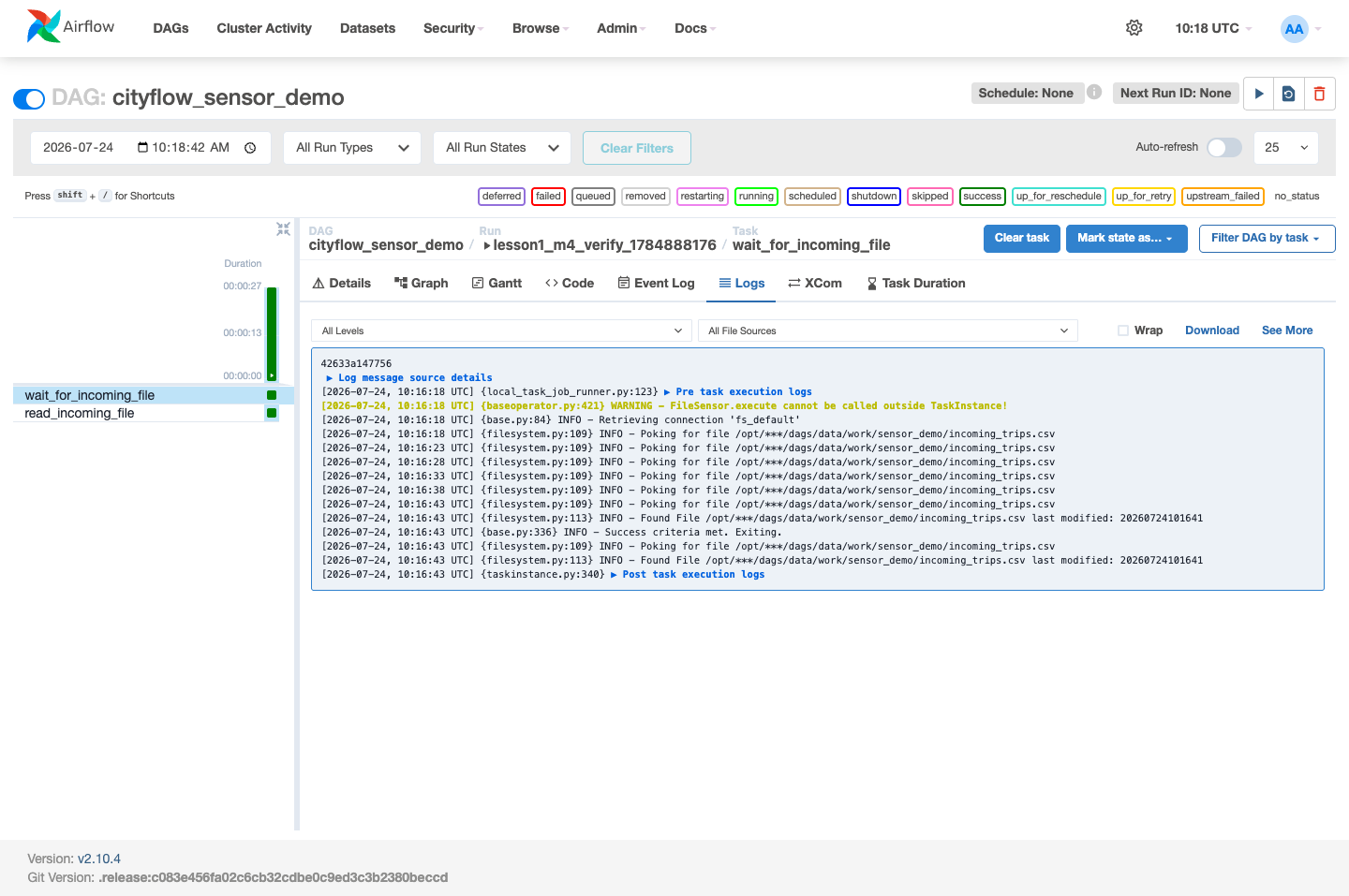 Screenshot of the Airflow task log for wait_for_incoming_file, showing six repeated INFO log lines reading 'Poking for file /opt/***/dags/data/work/sensor_demo/incoming_trips.csv', followed by a line reading 'Found File ... last modified' and then 'Success criteria met. Exiting.'