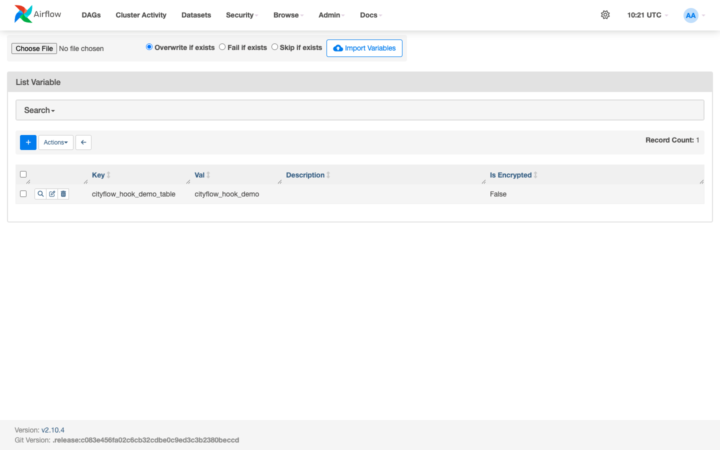 Screenshot of the Airflow Variables list showing one row: Key cityflow_hook_demo_table, Val cityflow_hook_demo, Is Encrypted False, Record Count 1.