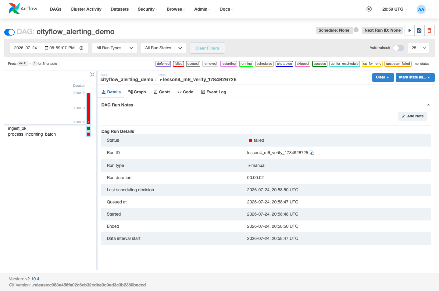 Screenshot of the Airflow Grid view for cityflow_alerting_demo, showing ingest_ok green and process_incoming_batch red, with a Details panel showing Status failed and Run ID lesson4_m6_verify_1784926725.