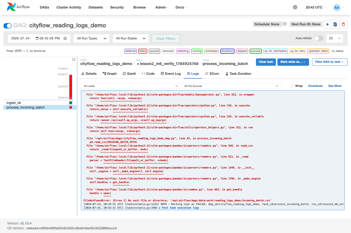 Screenshot of the Airflow task log page for process_incoming_batch, showing the real Python traceback ending in FileNotFoundError: [Errno 2] No such file or directory, with the Grid view on the left showing ingest_ok green and process_incoming_batch red.